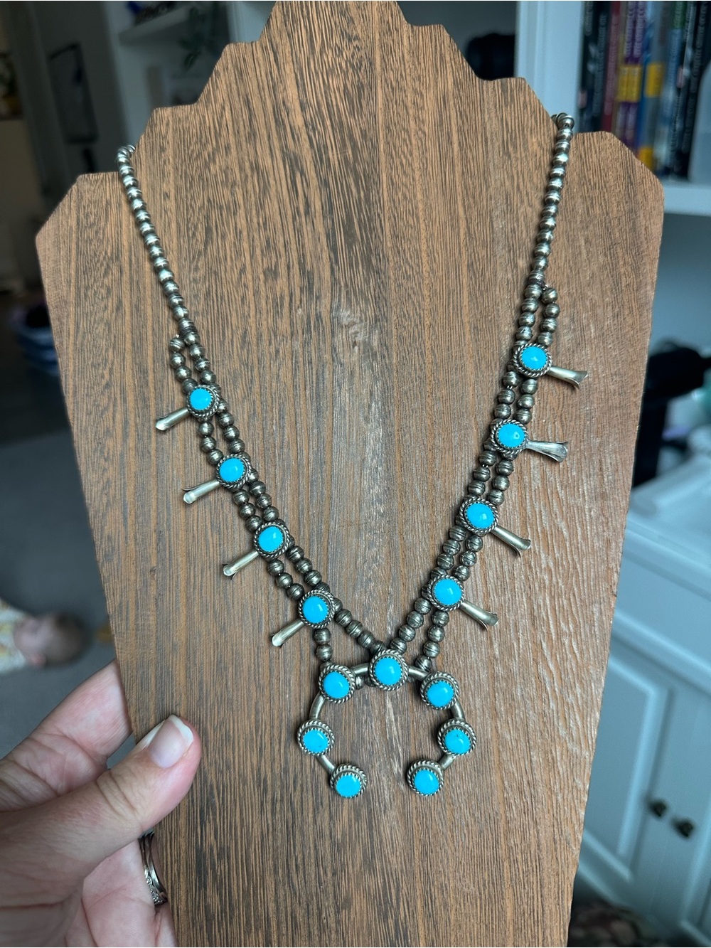Vintage Petite Native Made Turquoise Squash Blossom Necklace 🩵 - Picture 3 of 10